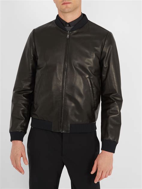 prada men's black leather jacket|Prada bomber jacket for men.